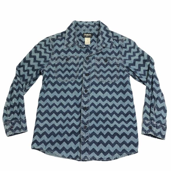 Oshkosh B'Gosh Blue Chevron Chambray Denim Long Sleeve Shirt Kids Boys 7 - Picture 1 of 5